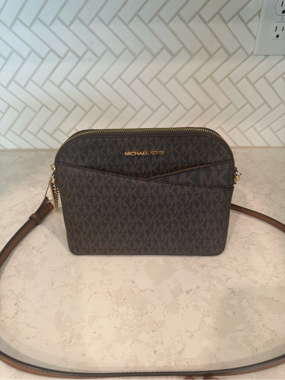 Michael Kors Brown MK Signature Crossbody with Gold Logo